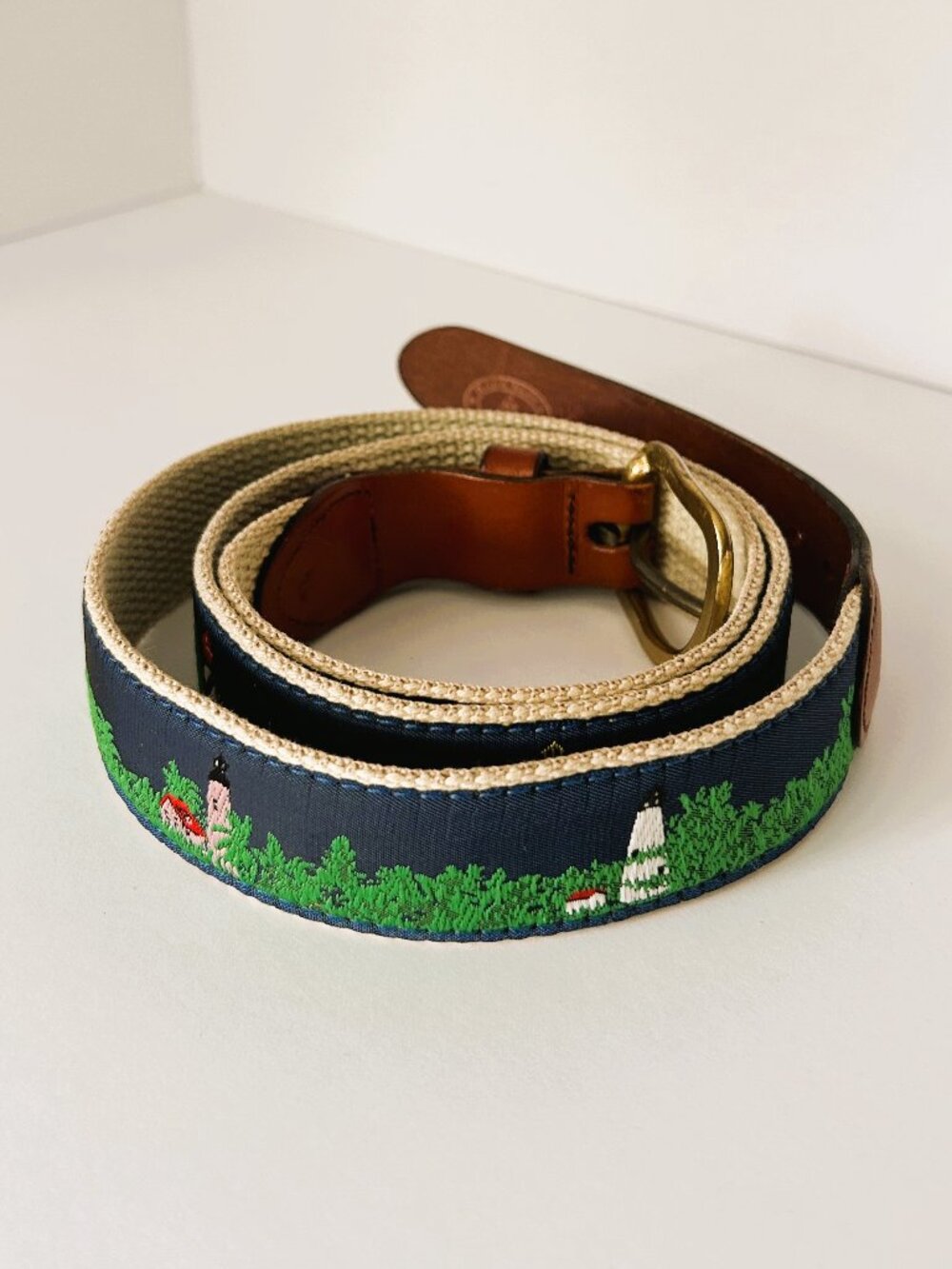 Leather Man LTD Lighthouse Belt Sz 40 Navy Woven Leather Solid Brass Buckle USA